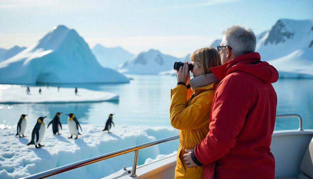 Couple spotting penguins during wildlife yacht safari destinations in Antarctica.